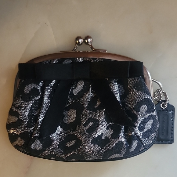 Coach Ocelot Black & Silver Gray Ribbon Framed Kisslock Hanging Coin Purse